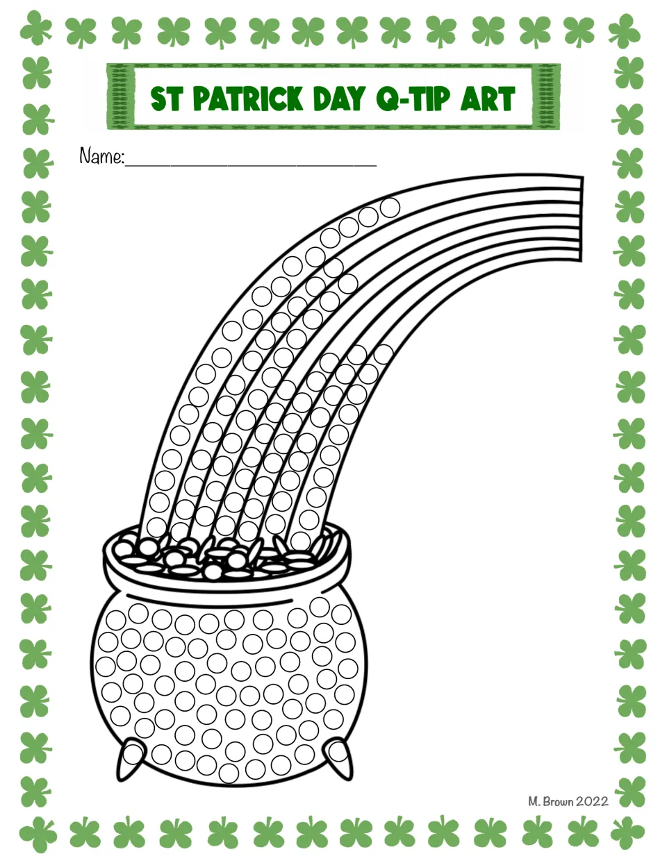 Rainbow and pot of gold dot art: students dab circles along each arching rainbow stripe and the coin pot
