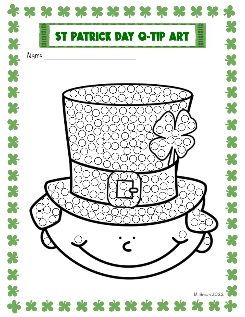 Boy with hat dot art: students fill circles on a tall buckled top hat with a four-leaf clover and his hair