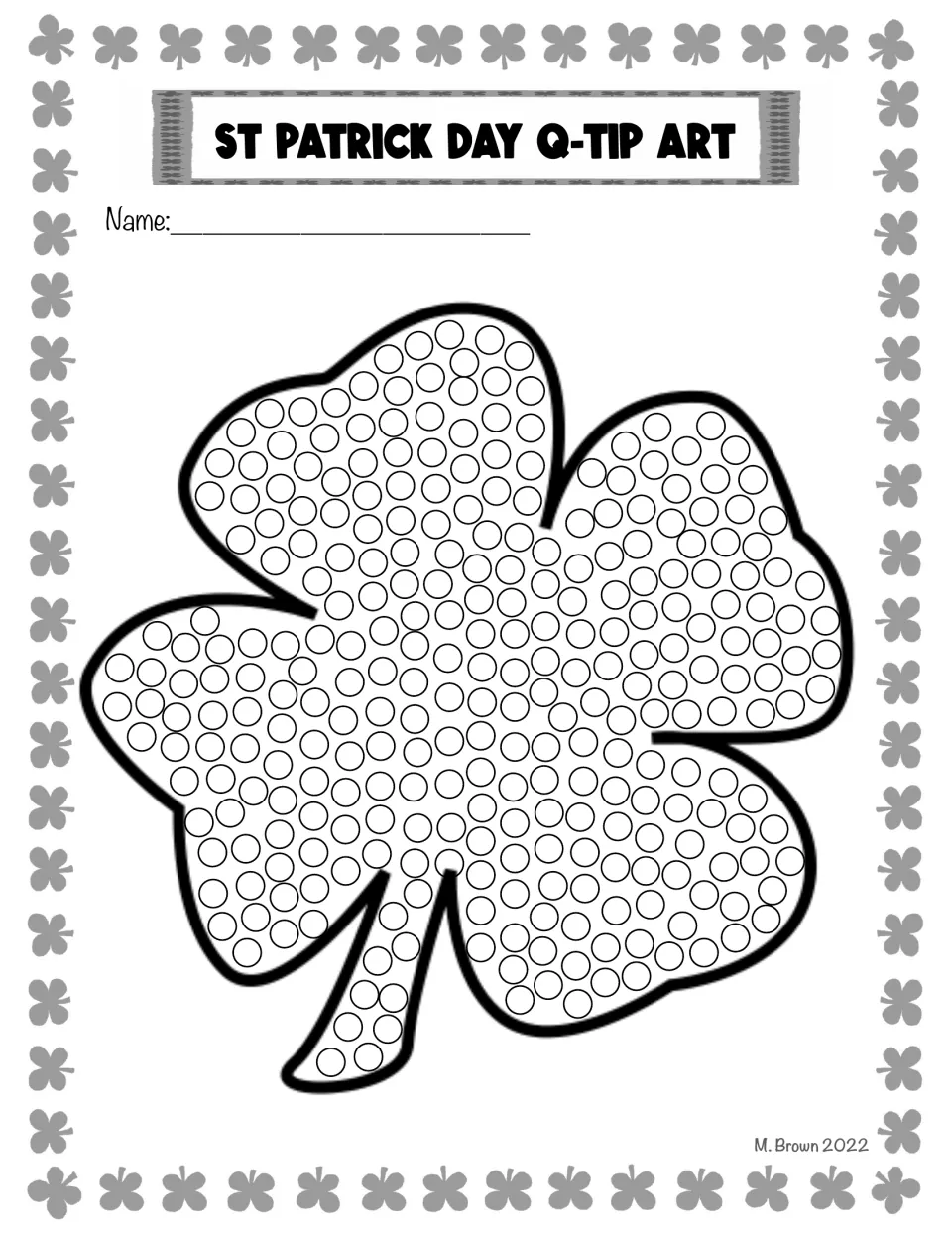 Black-and-white shamrock dot page: students dot each circle inside the three-leaf outline in any color