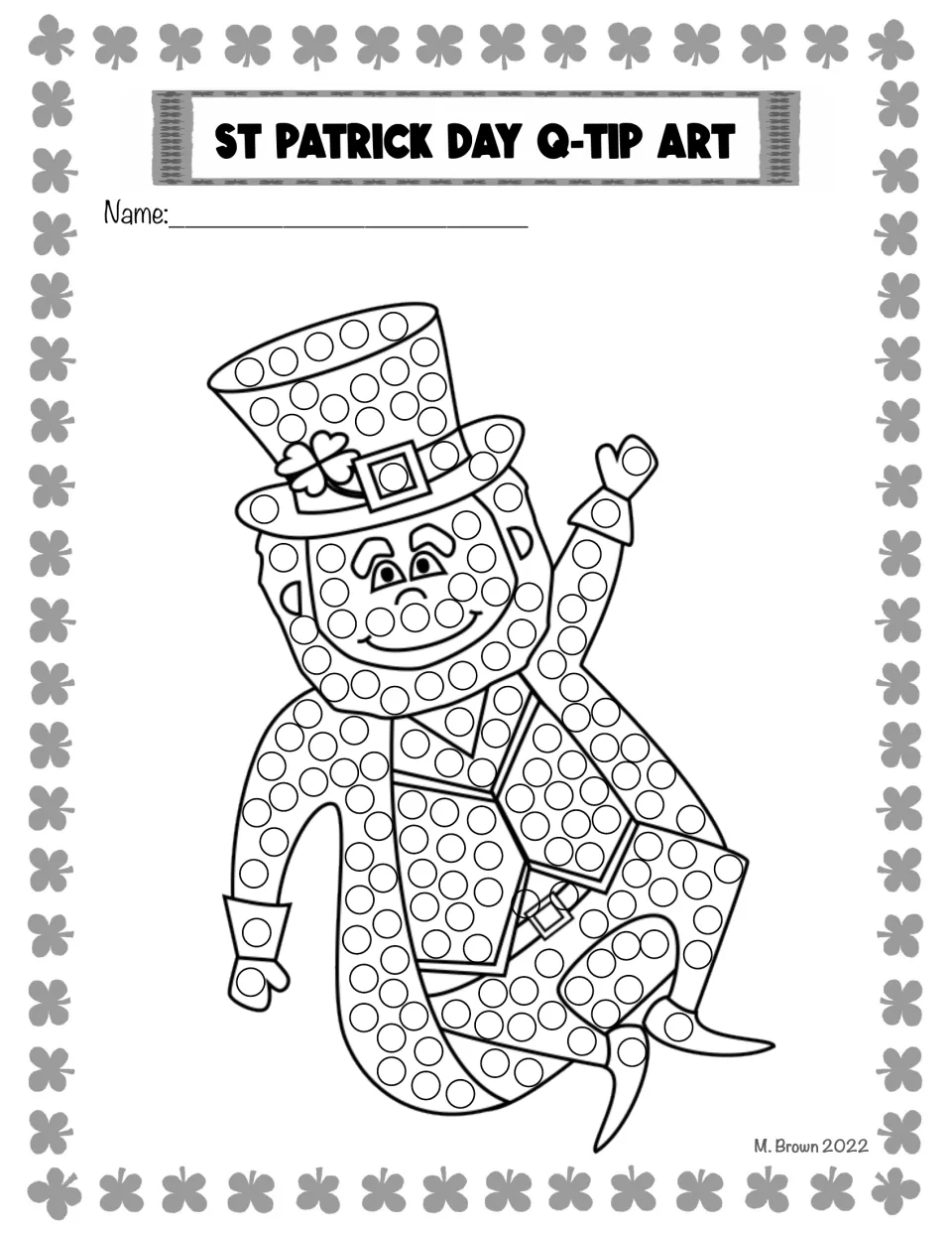 Black-and-white dancing leprechaun dot page: students dab each circle on the waving figure in hat and vest