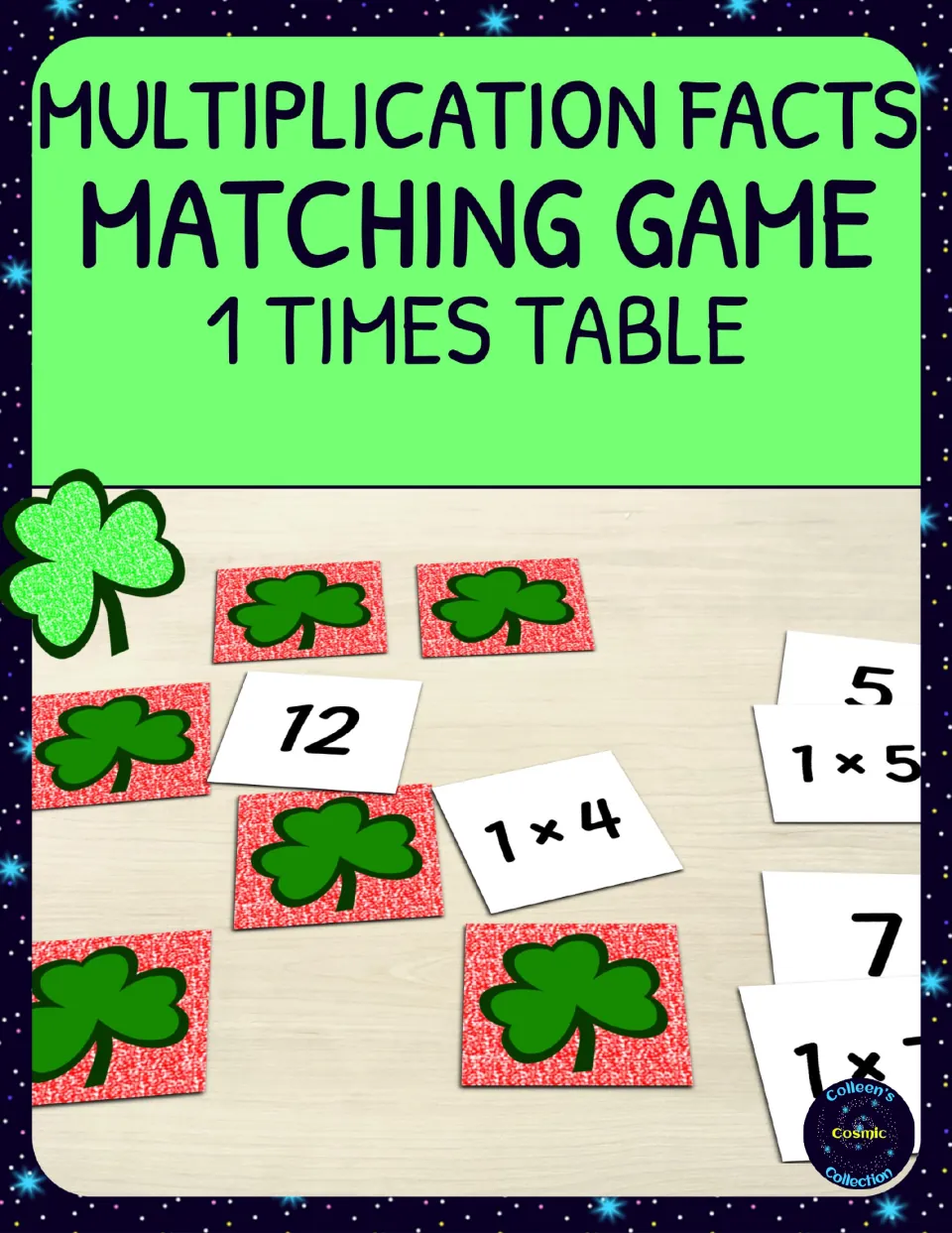 Cover for the 1 times table matching game, showing sample multiplication cards and matching number cards