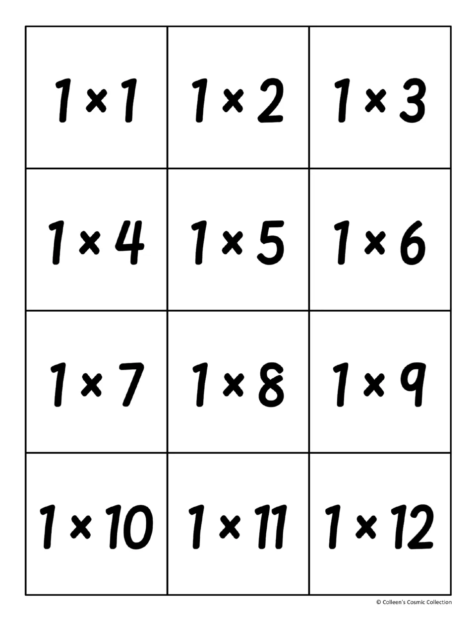 Twelve multiplication fact cards from 1 × 1 through 1 × 12, to pair with the game's matching product cards