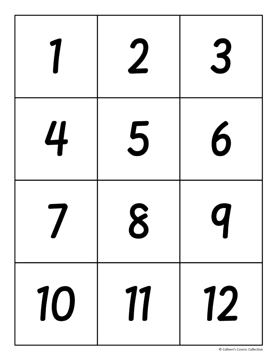 Twelve product cards numbered 1 through 12, matching the 1 times table fact cards in the memory game