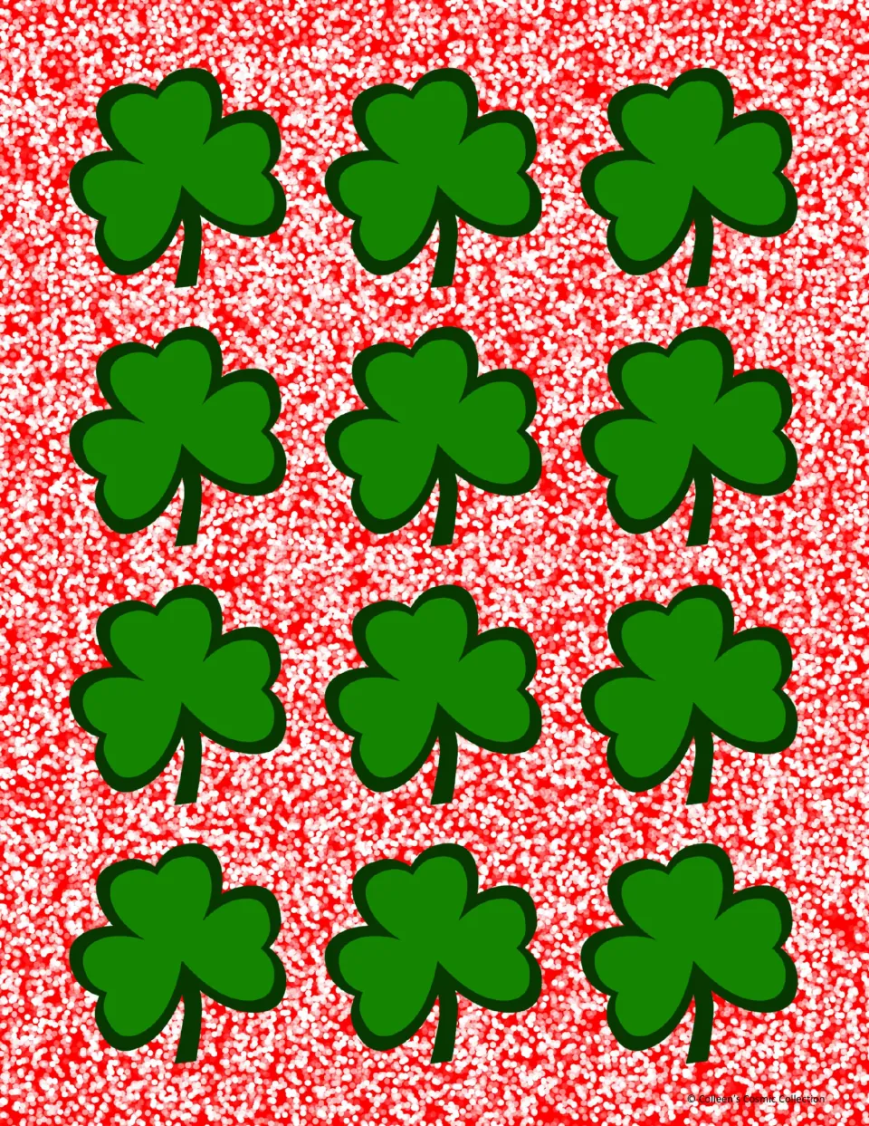 Full-color card backs for 12 matching game cards, featuring green shamrocks on a red patterned background