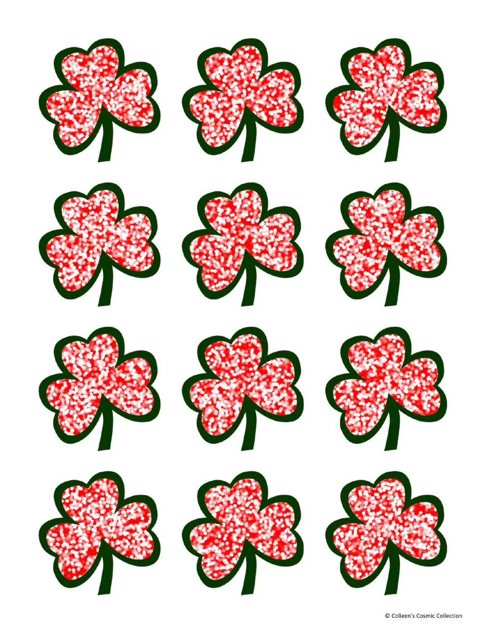 Color card backs for 12 matching game cards, featuring red patterned shamrocks with dark green outlines