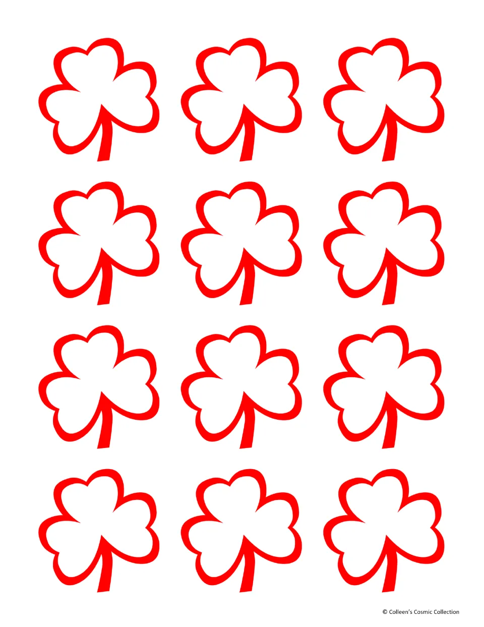 Minimal-color card backs for 12 matching game cards, featuring red shamrock outlines on a white background