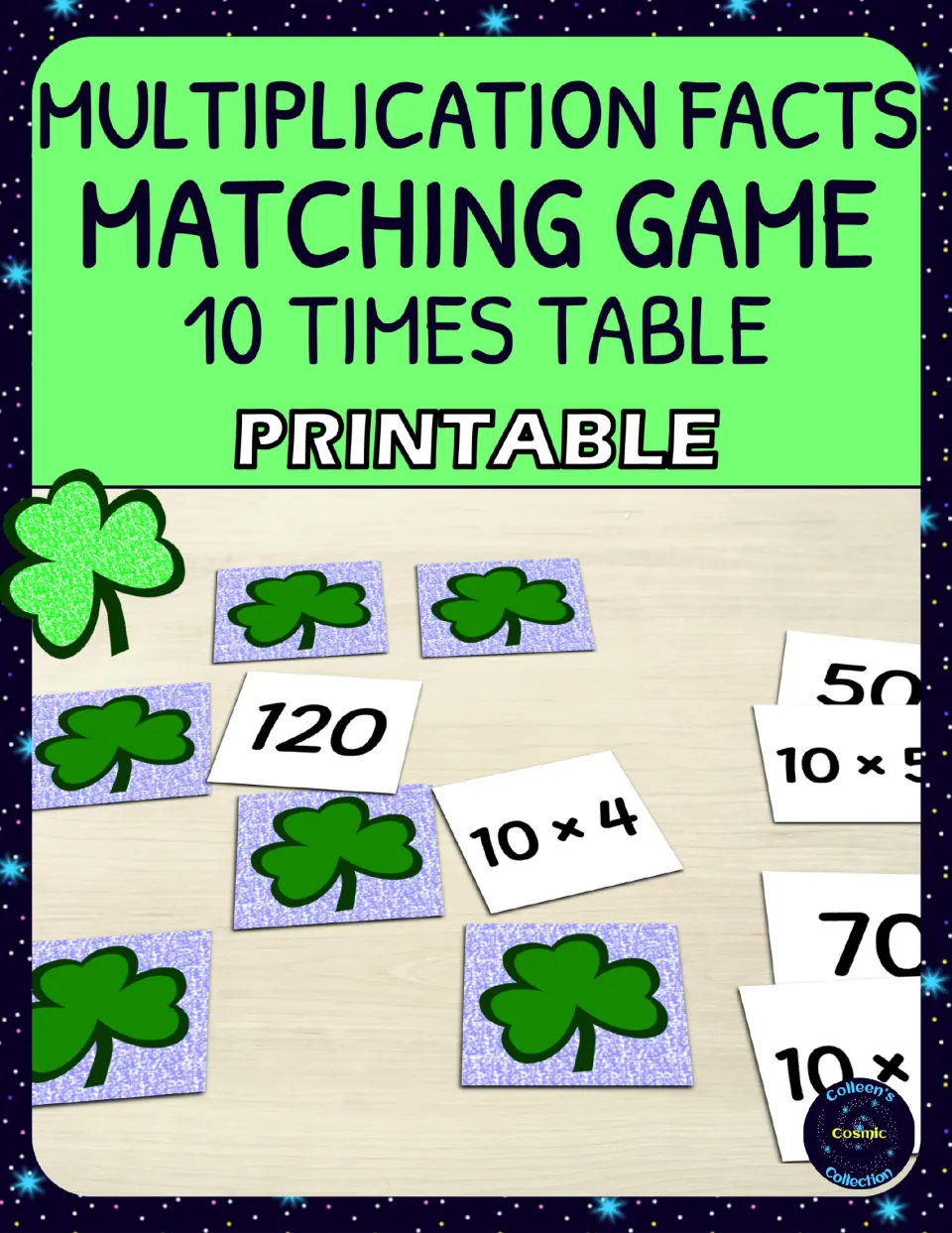 Cover for the printable 10 times table matching game, showing sample multiplication and product cards