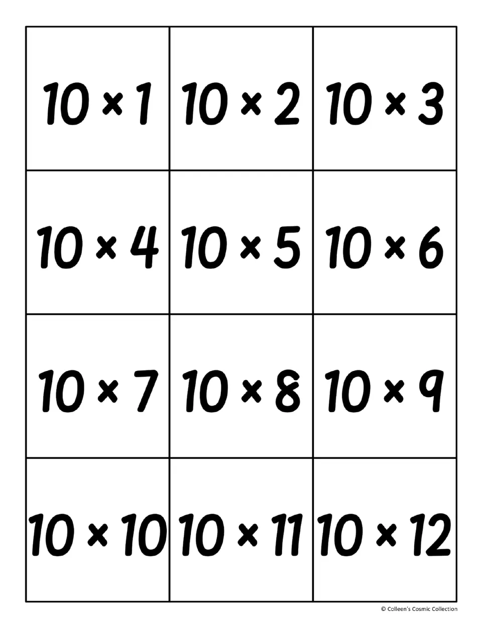 Twelve multiplication fact cards from 10 × 1 through 10 × 12 for pairing with the matching product cards
