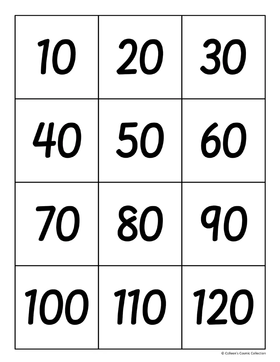 Twelve product cards from 10 through 120 in increments of ten, matching the game's 12 multiplication facts