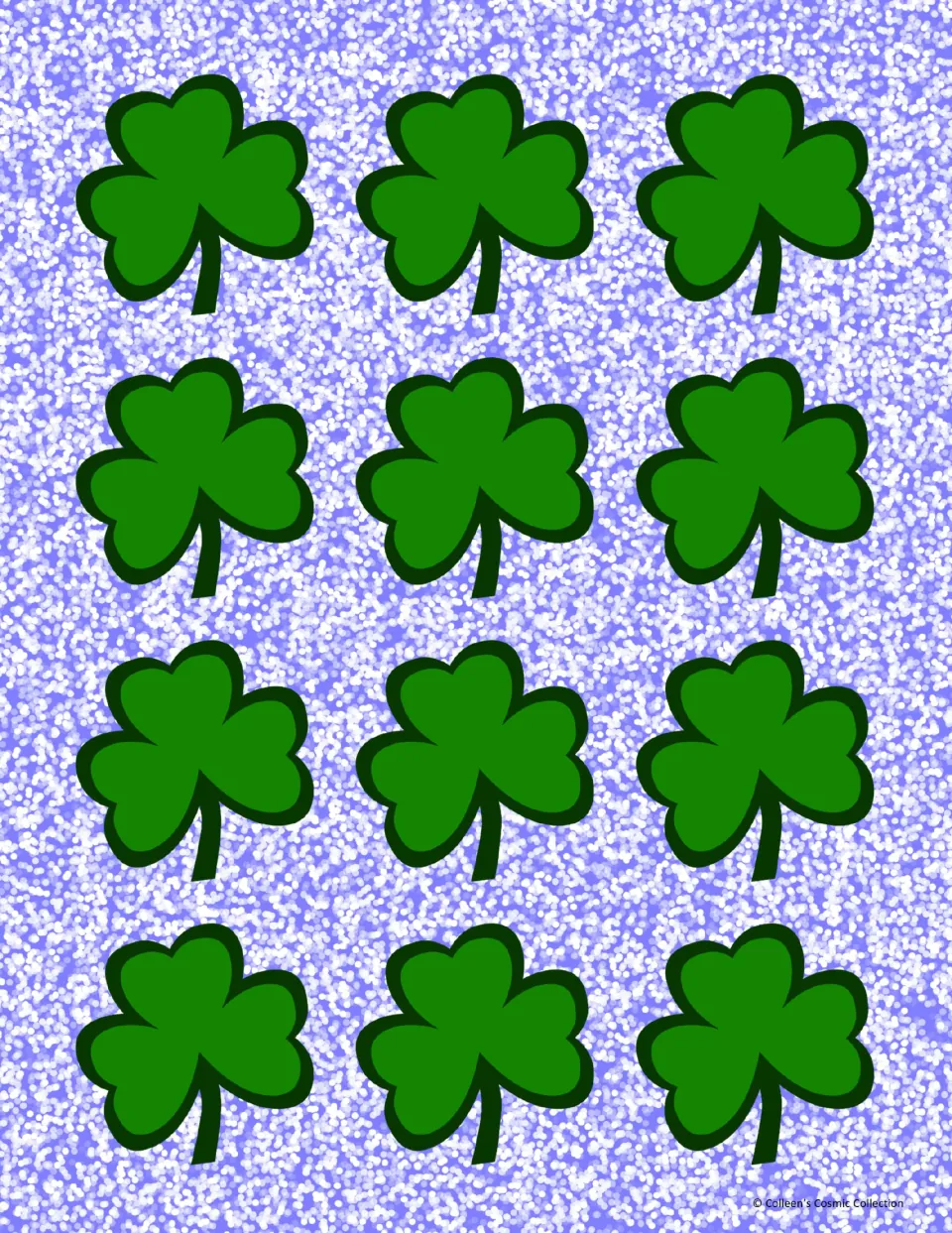 Full-color card-back sheet with 12 green shamrocks for printing on the reverse of the matching game cards