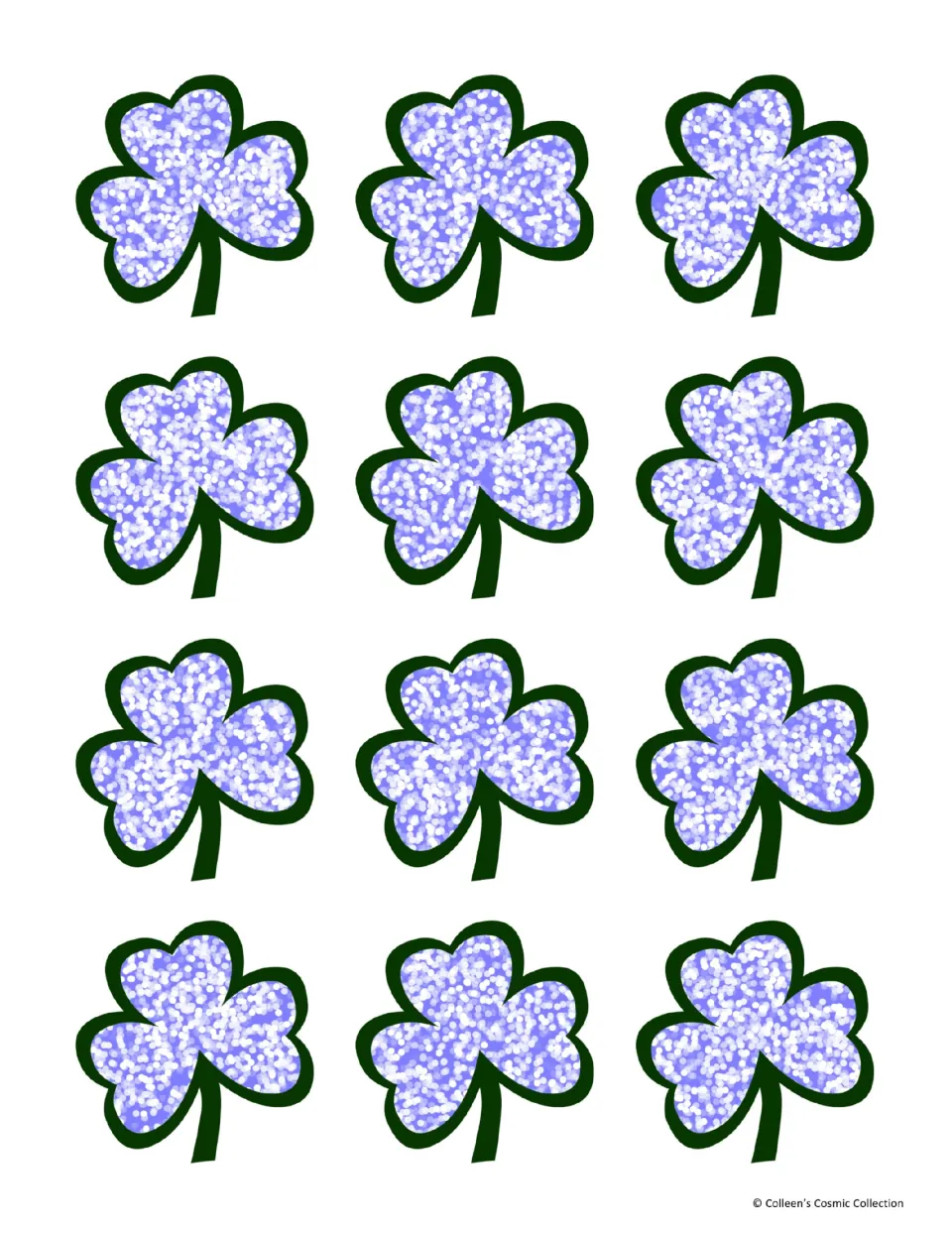 Color card-back sheet with 12 purple-filled shamrocks for printing on the reverse of the matching cards