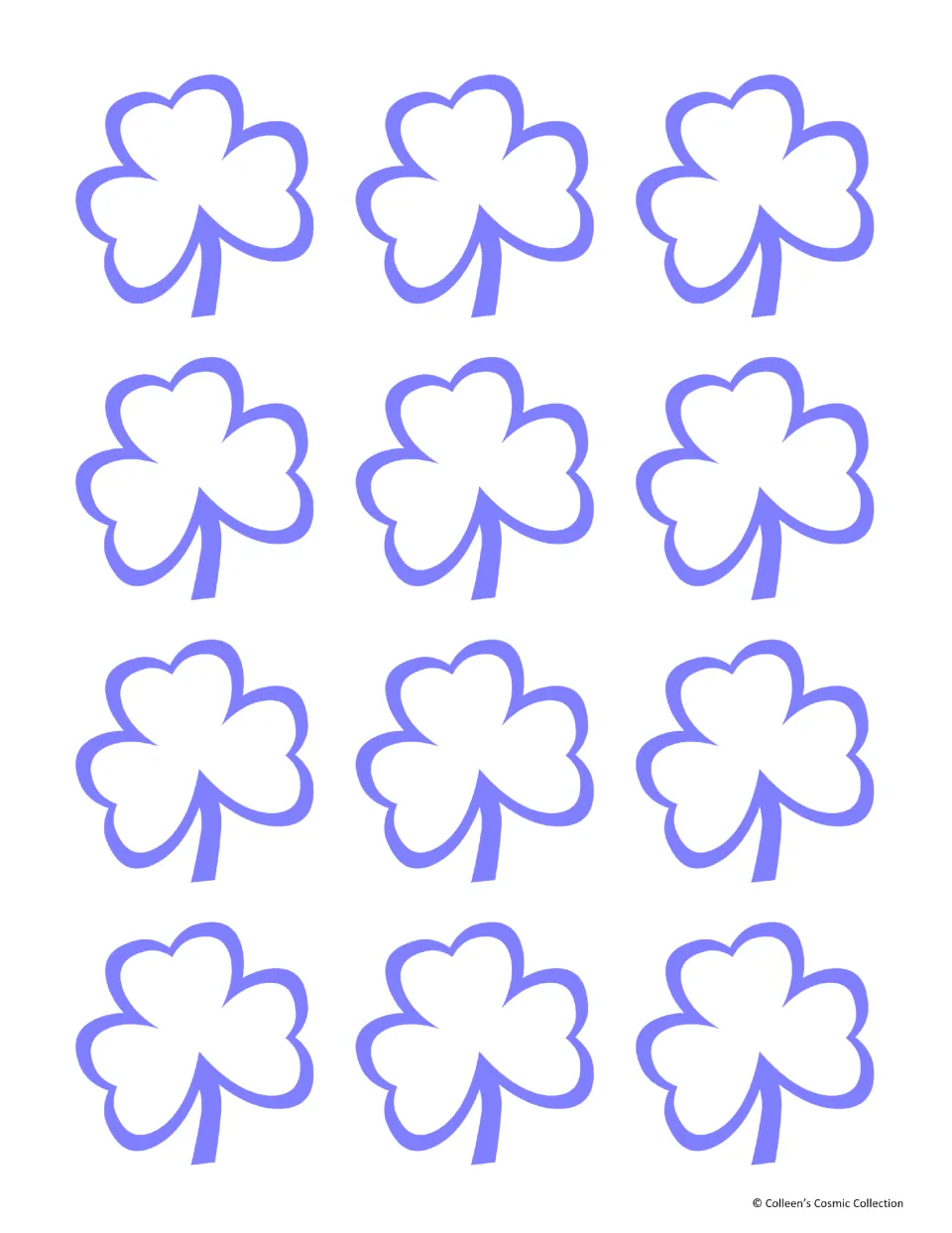 Minimal-color card-back sheet with 12 purple shamrock outlines for the reverse of the matching game cards