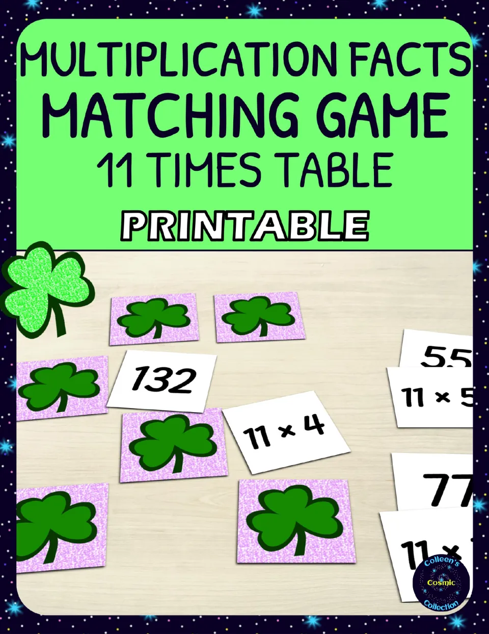 Cover: Multiplication Facts Matching Game, 11 times table printable, showing shamrock-backed cards such as 11 x 4 and 132