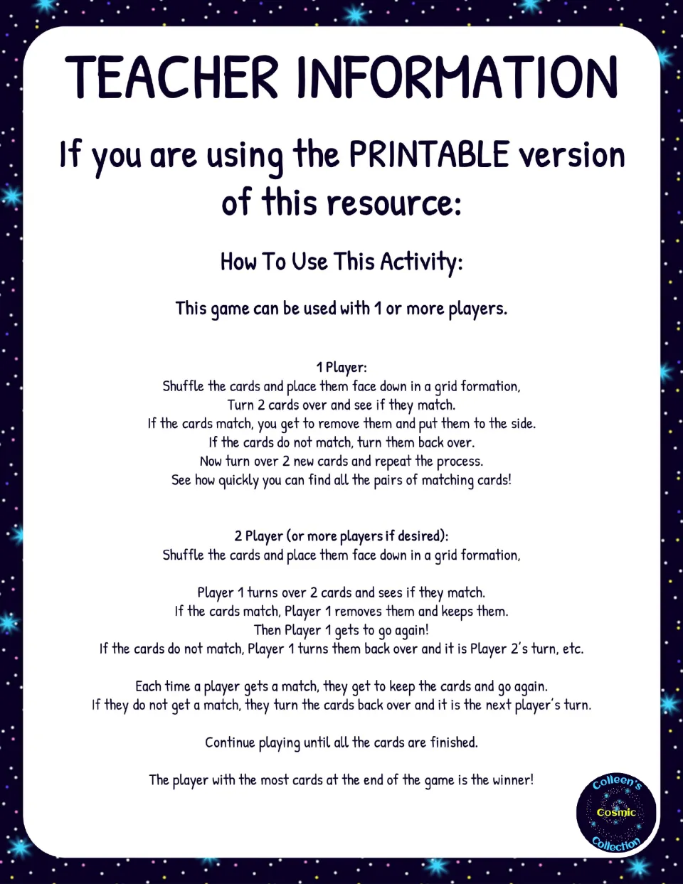 How to use the activity: rules for a one-player memory match and for two or more players taking turns to find fact pairs