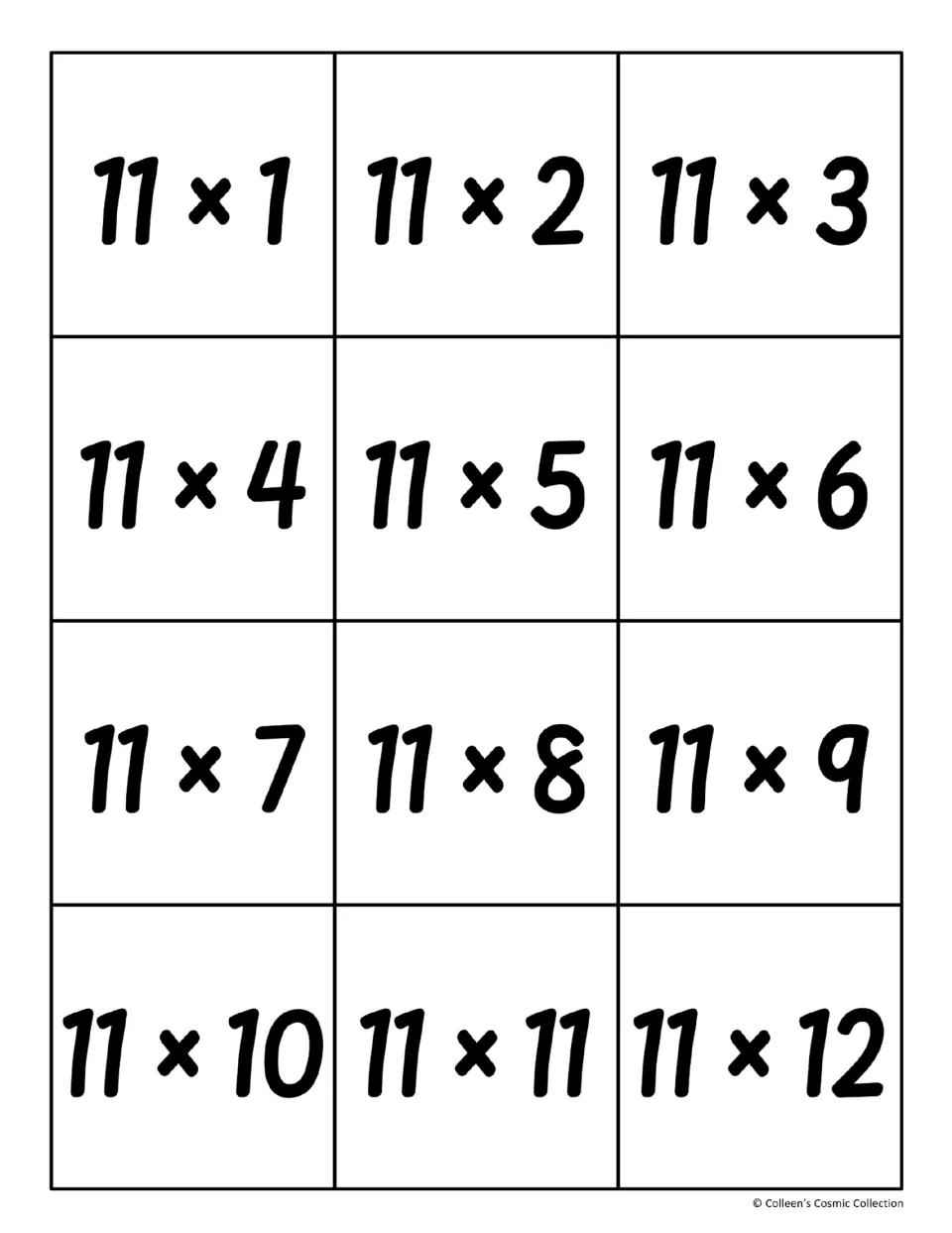 11 times table fact cards: twelve cut-out cards showing 11 x 1 through 11 x 12 for students to match with their products