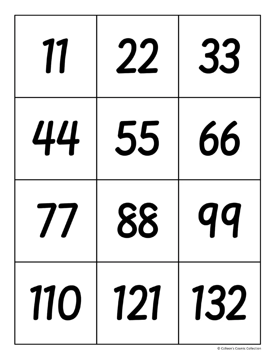 11 times table solution cards: twelve cut-out cards with the products 11, 22, 33 up to 110, 121 and 132 to pair with facts
