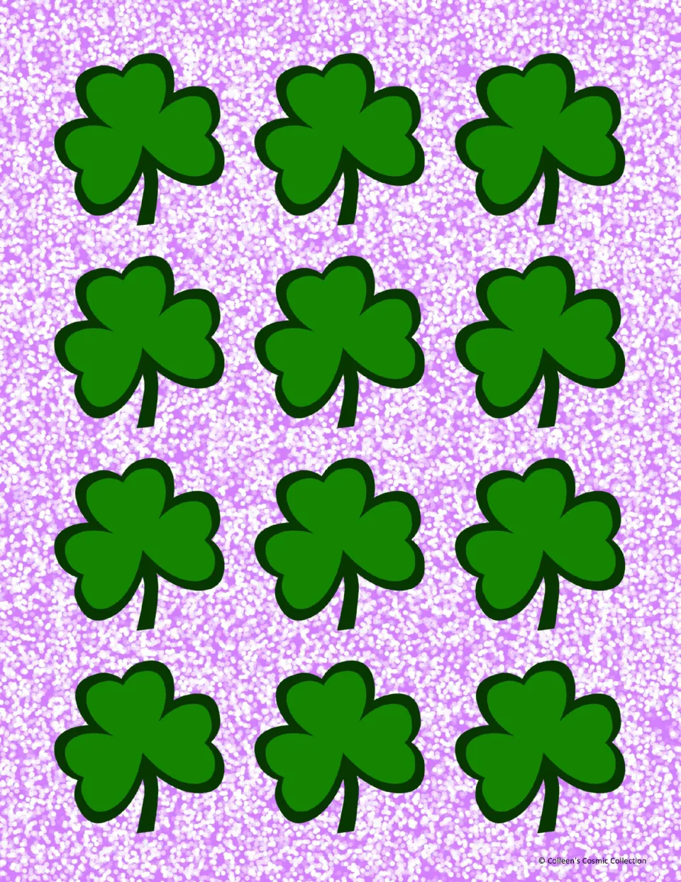 Full-colour card backs: twelve green shamrocks on a purple sparkle background, printed on the reverse of the number cards