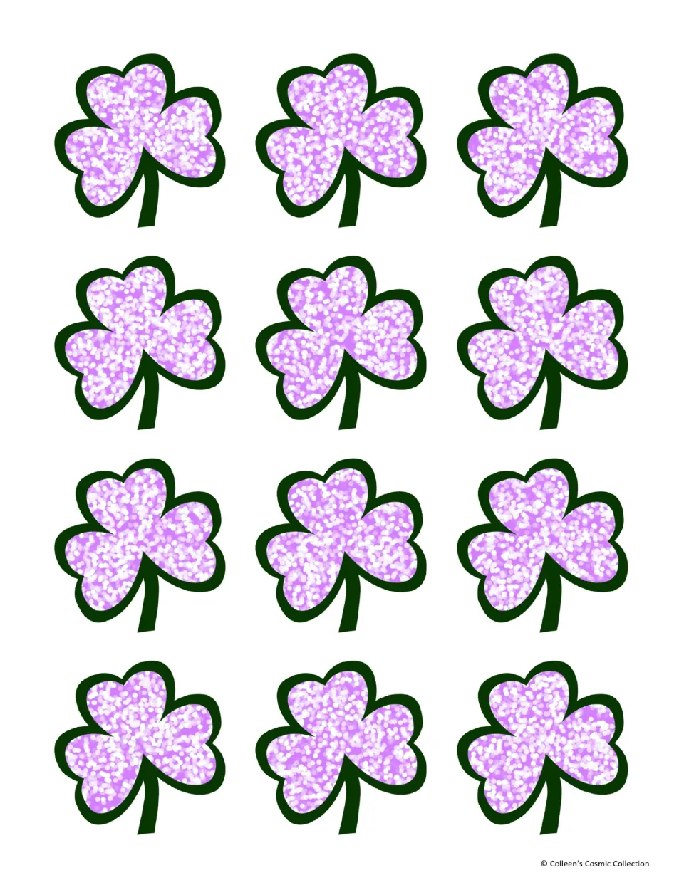Colour card backs: twelve purple sparkle shamrocks with dark green outlines on white, for the reverse of the game cards