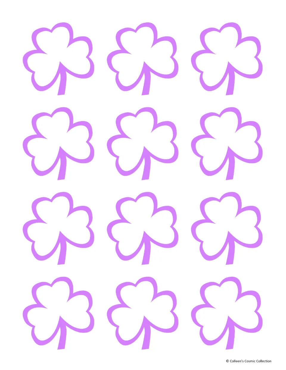 Minimal-colour card backs: twelve shamrock outlines in purple on white, to print behind the multiplication and answer cards