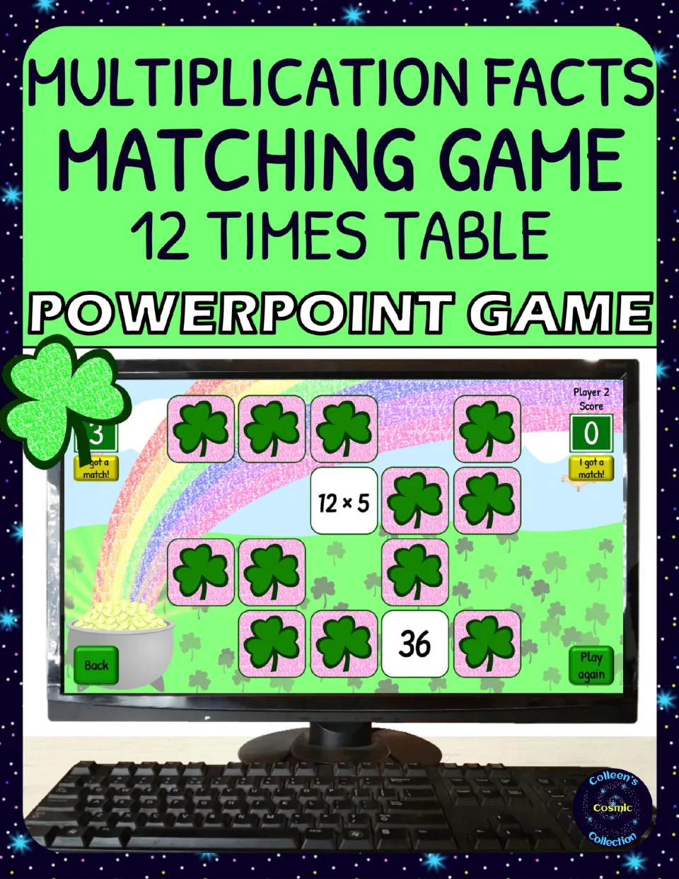 Cover of the 12 times table PowerPoint matching game, showing sample cards labeled 12 × 5 and 36.