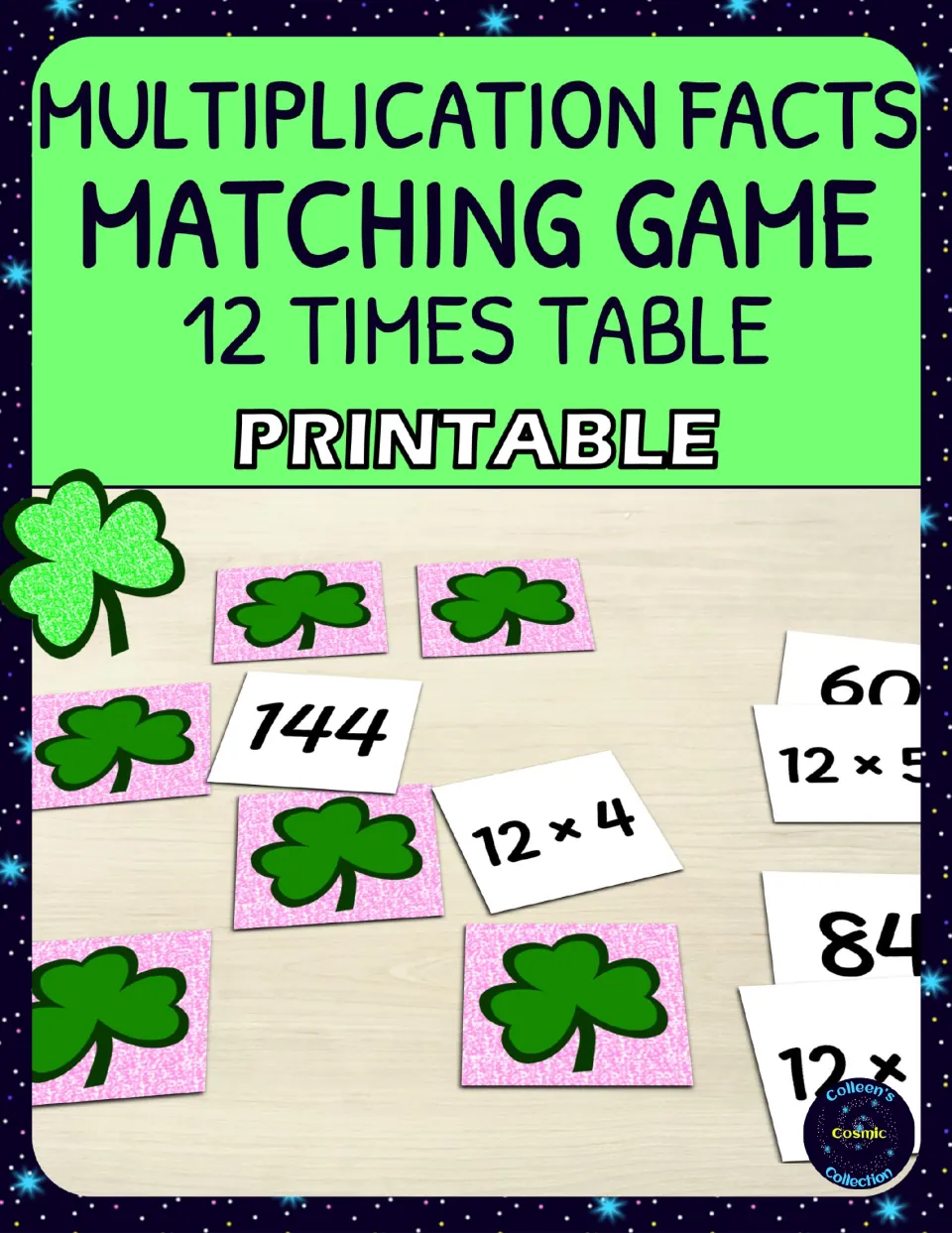 Multiplication facts matching game cover for the 12 times table: shamrock cards and fact cards like 12 x 4 and 144