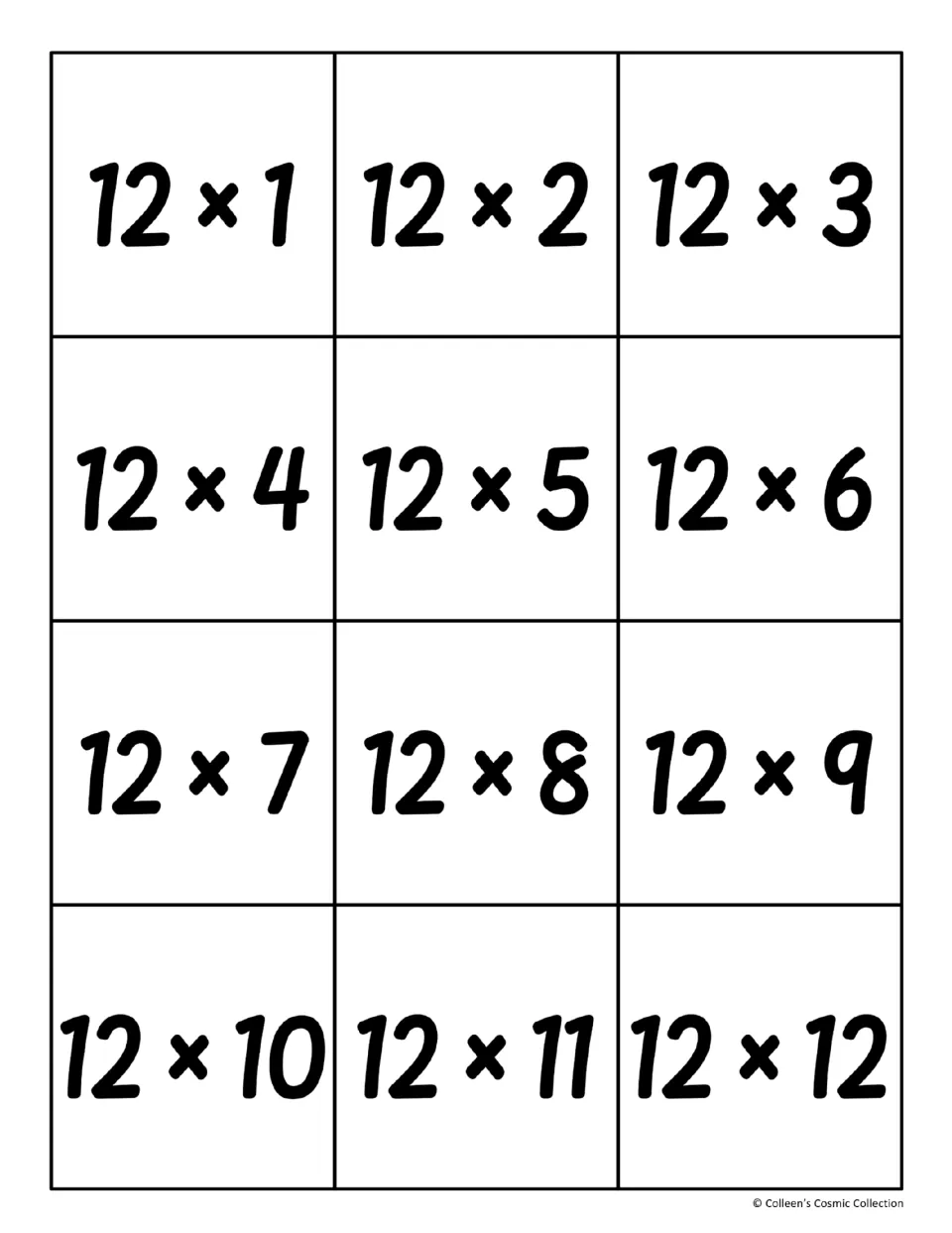 Twelve multiplication fact cards, 12 x 1 through 12 x 12, for students to cut out and match with their products