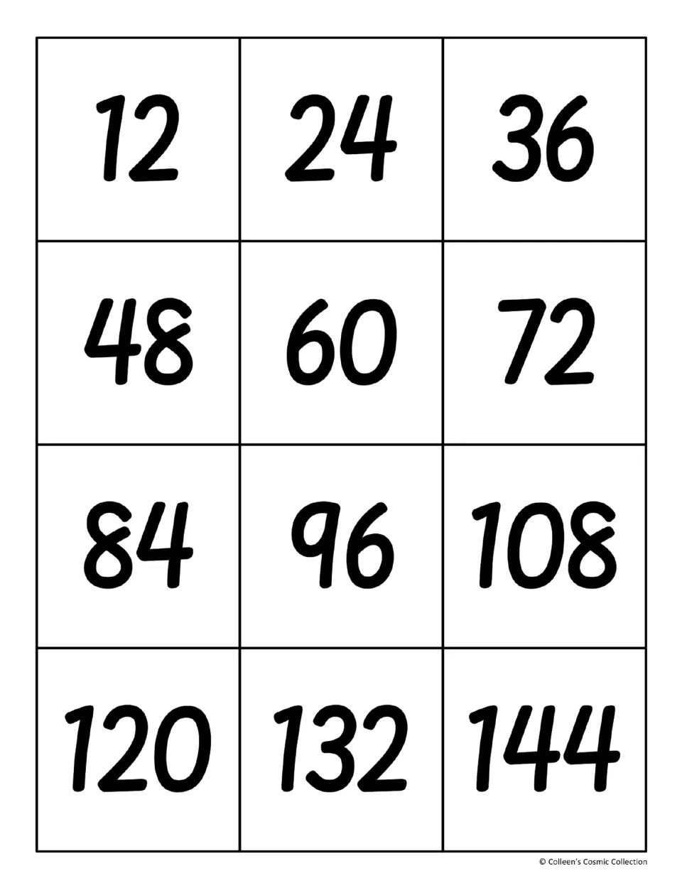 Twelve product cards showing multiples of 12 from 12 to 144 for students to pair with the matching 12s facts