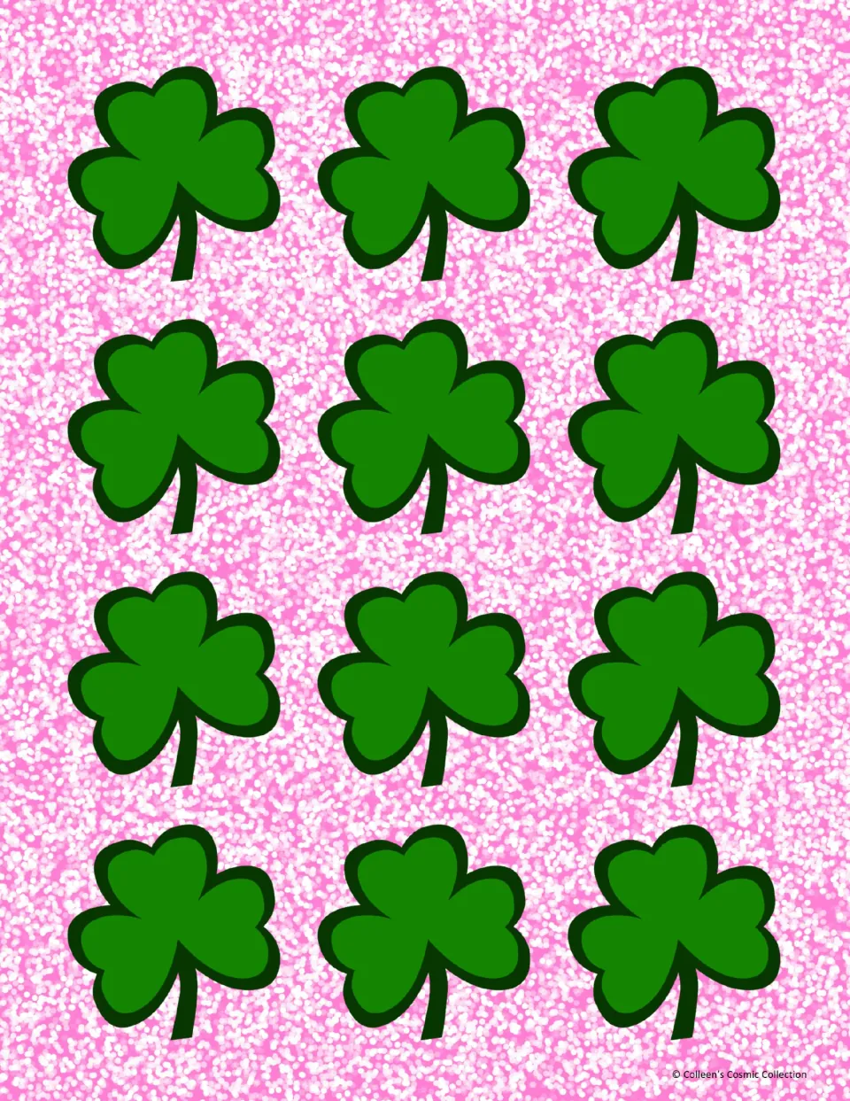 Full-colour card backs: twelve green shamrocks on a pink speckled background, printed on the reverse of the game cards