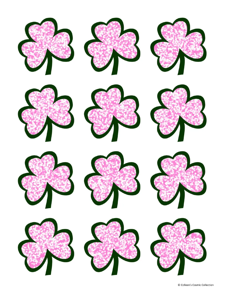 Colour card backs: twelve pink speckled shamrocks with dark green outlines on white, for the reverse of each card