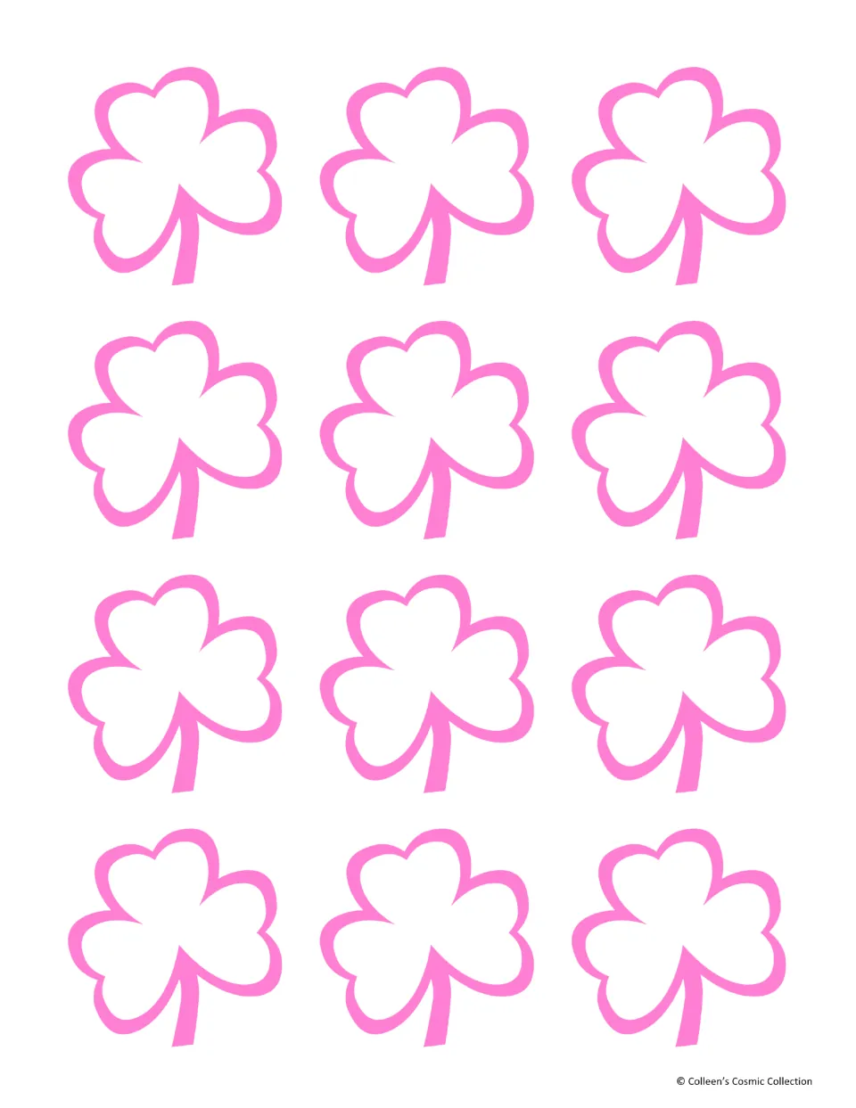 Minimal-colour card backs: twelve pink shamrock outlines on white to print on the reverse of the multiplication cards