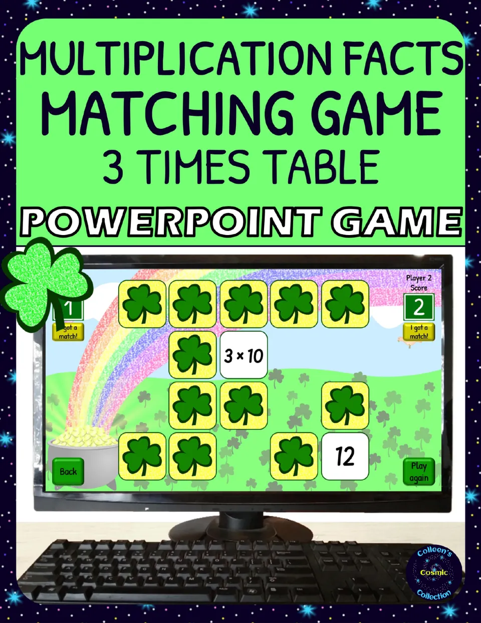 Cover: 3 times table matching PowerPoint game showing shamrock cards with 3 x 10 and 12 turned over on a rainbow screen