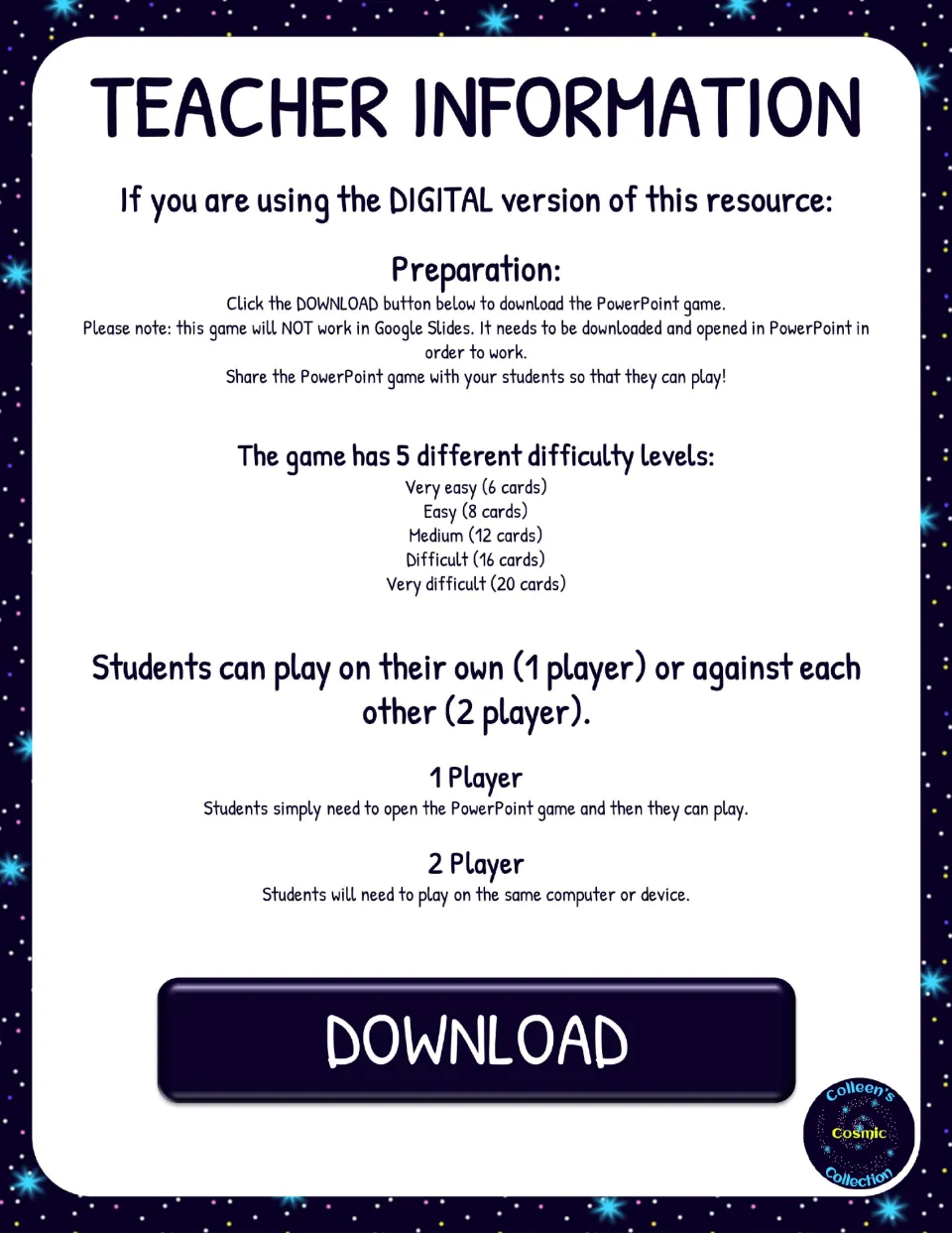 Teacher information: download steps for PowerPoint game, 5 difficulty levels from 6 to 20 cards, and 1 or 2 player modes