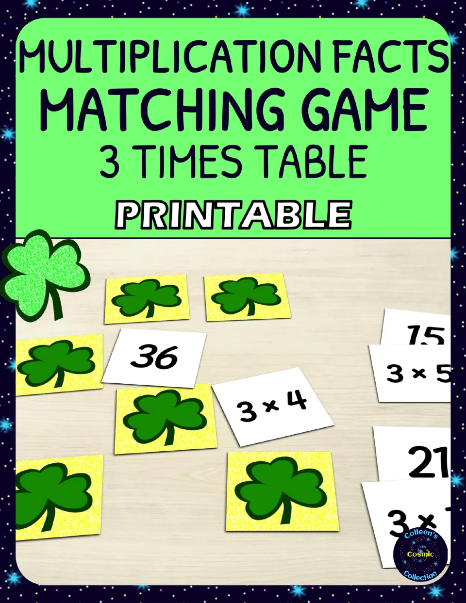 Cover for a 3 times table matching game: shamrock-backed cards with facts like 3 x 4 and answers like 36 laid on a table
