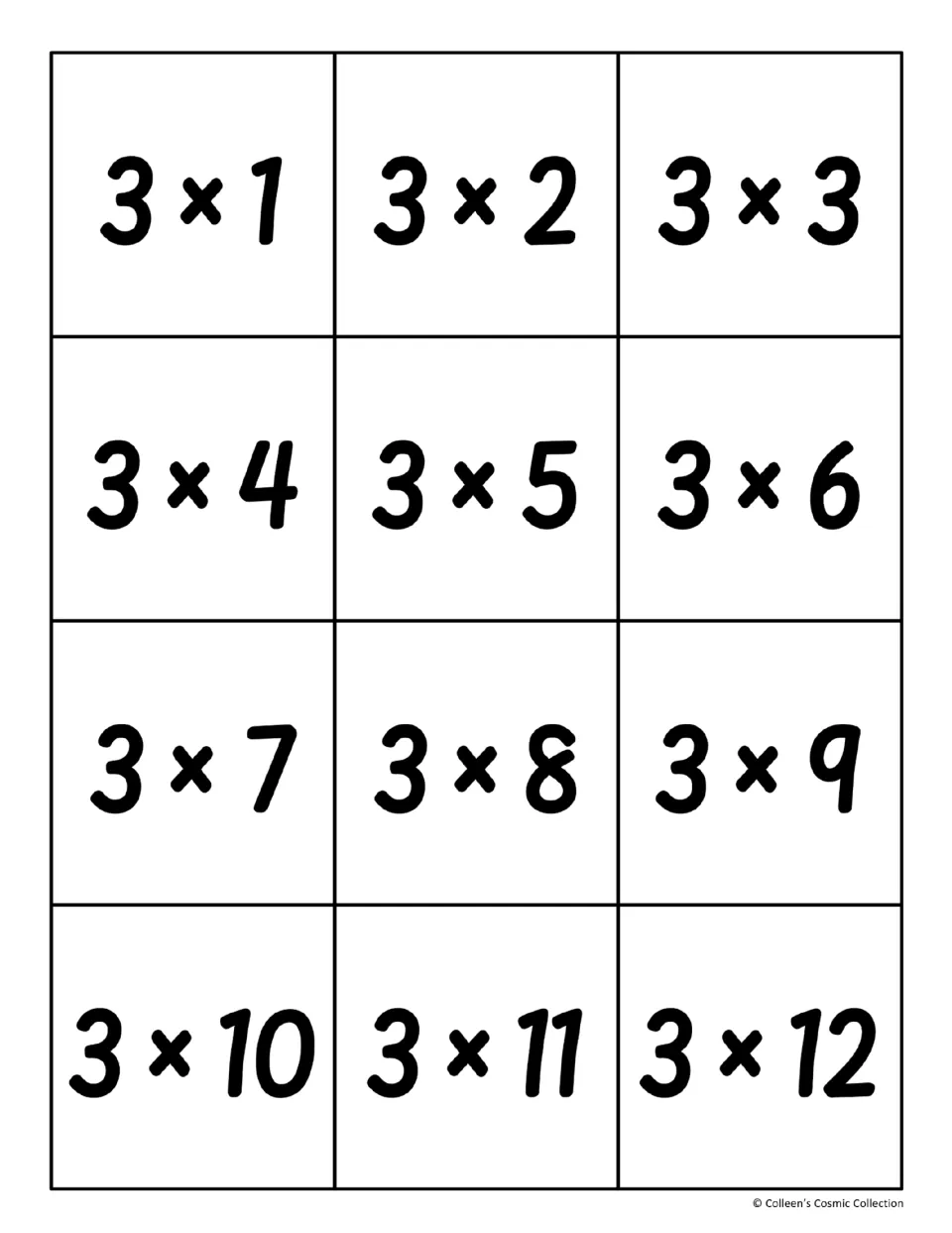Multiplication fact cards for the 3s: twelve cut-out cards reading 3 x 1 through 3 x 12 for matching to their products