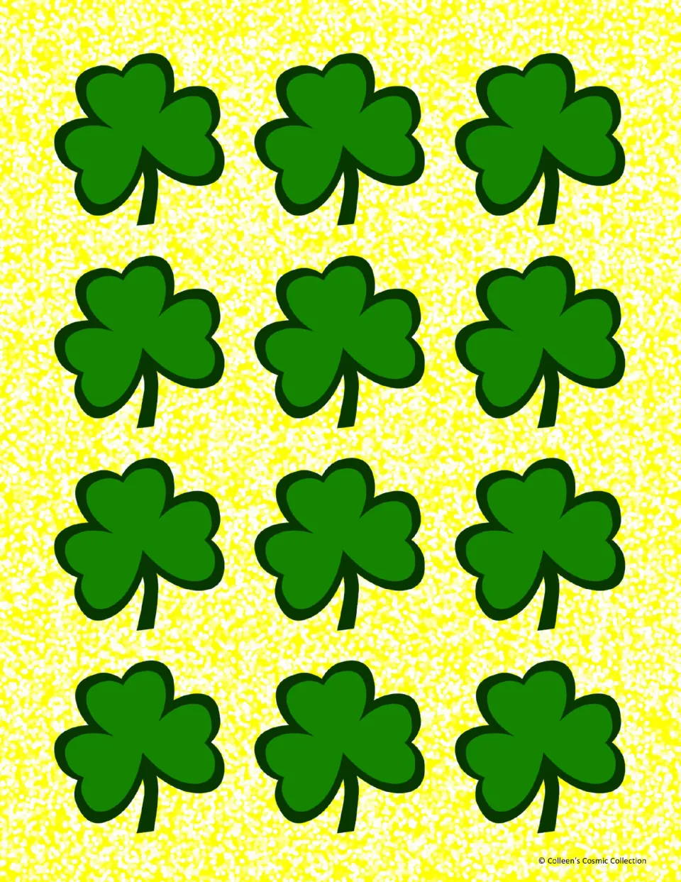 Full colour card backs: twelve green shamrocks on a speckled yellow background, printed on the back of each card