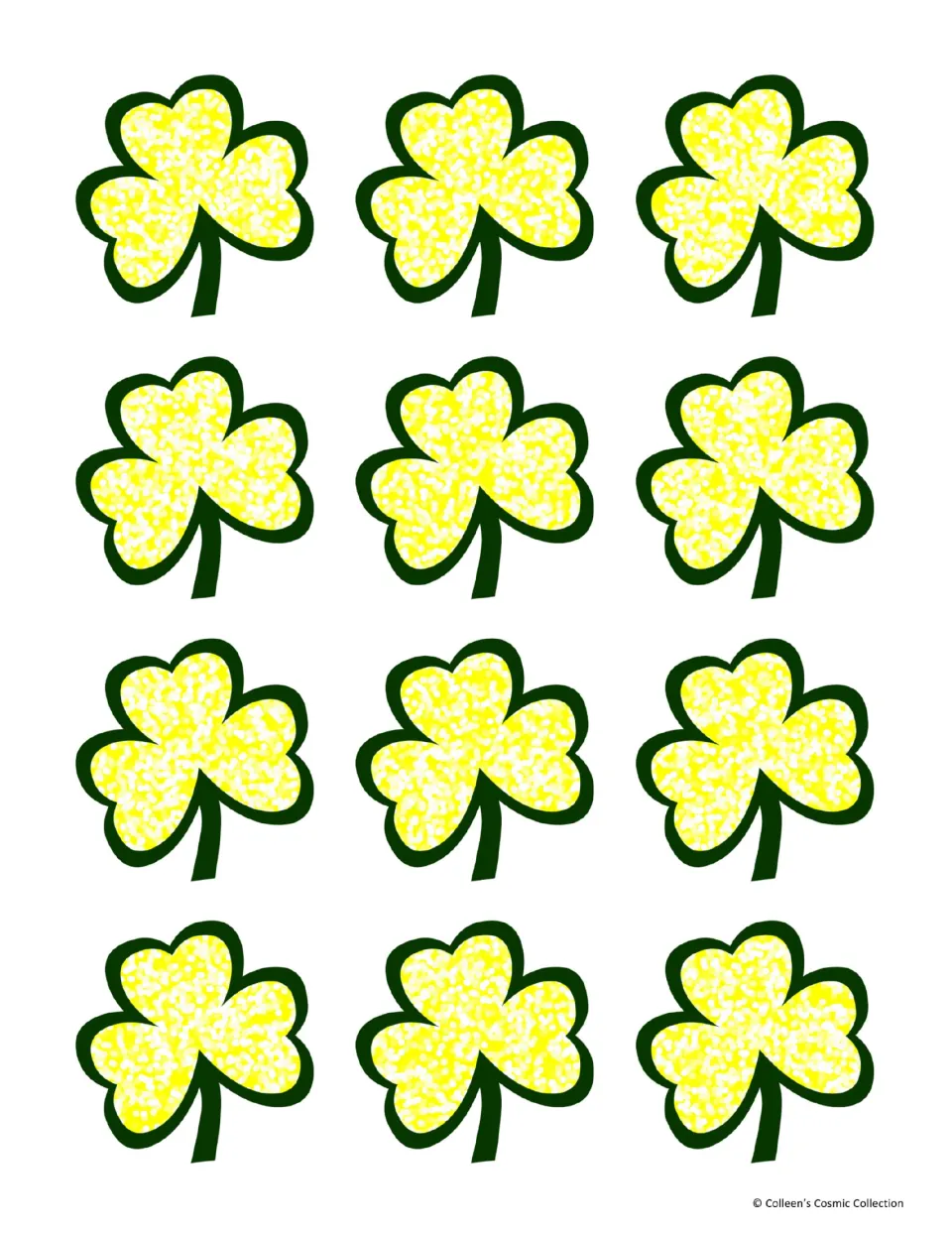 Colour card backs: twelve yellow speckled shamrocks outlined in dark green on white, for the reverse side of the game cards
