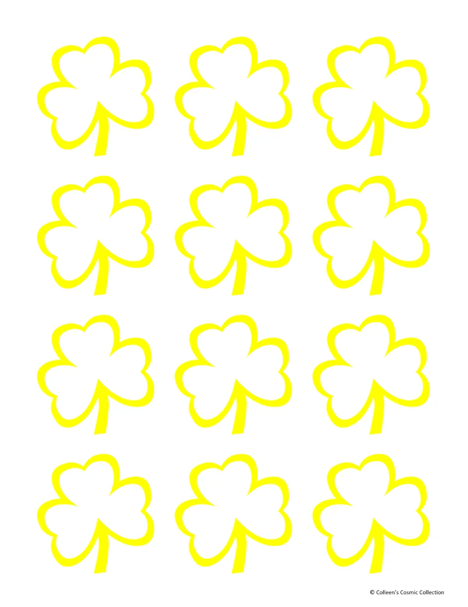 Minimal colour card backs: twelve shamrock outlines drawn in yellow on white, printed on the back of the times table cards