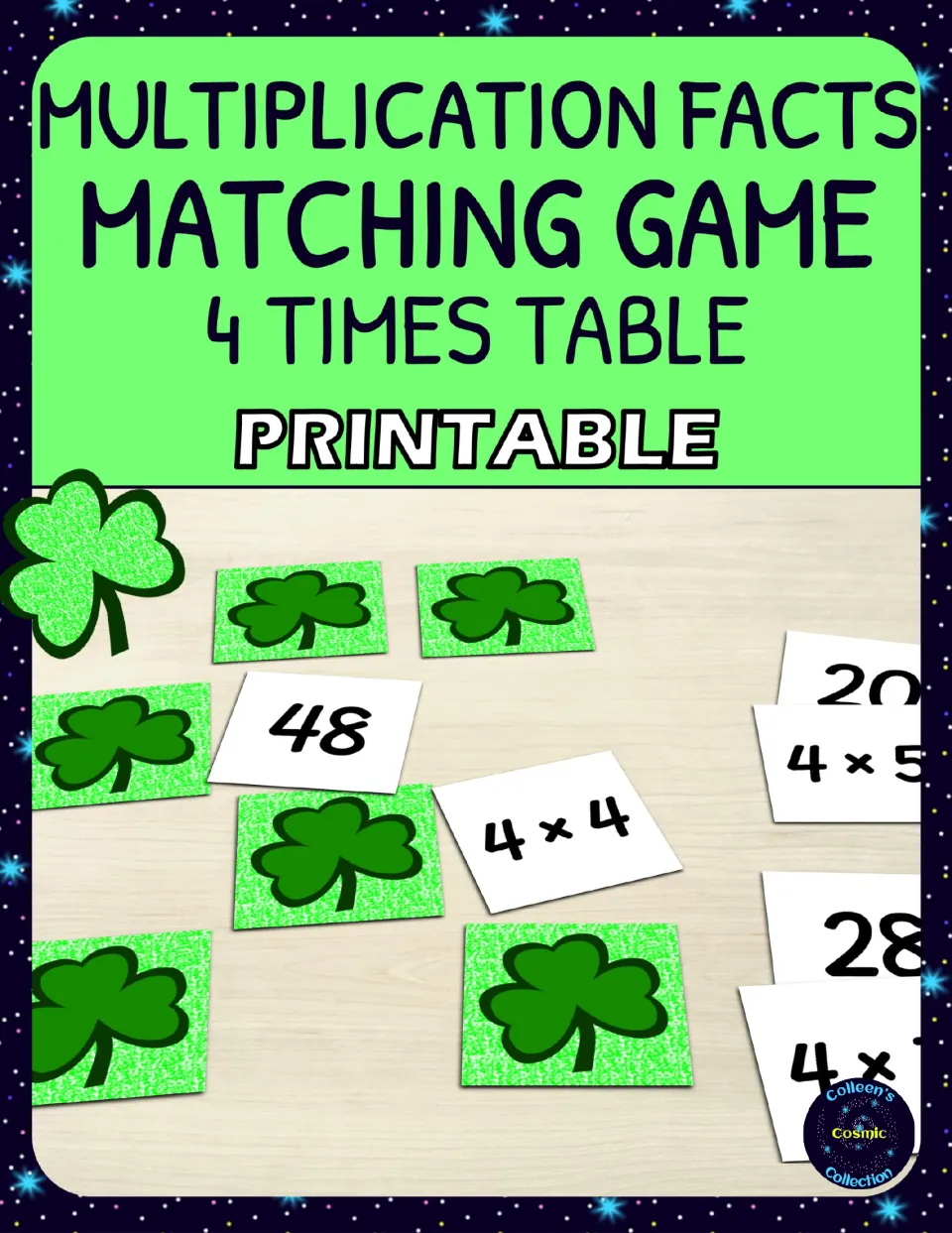 Cover of a 4 times table matching game showing shamrock card backs beside fact cards like 4 x 4 and answers like 48