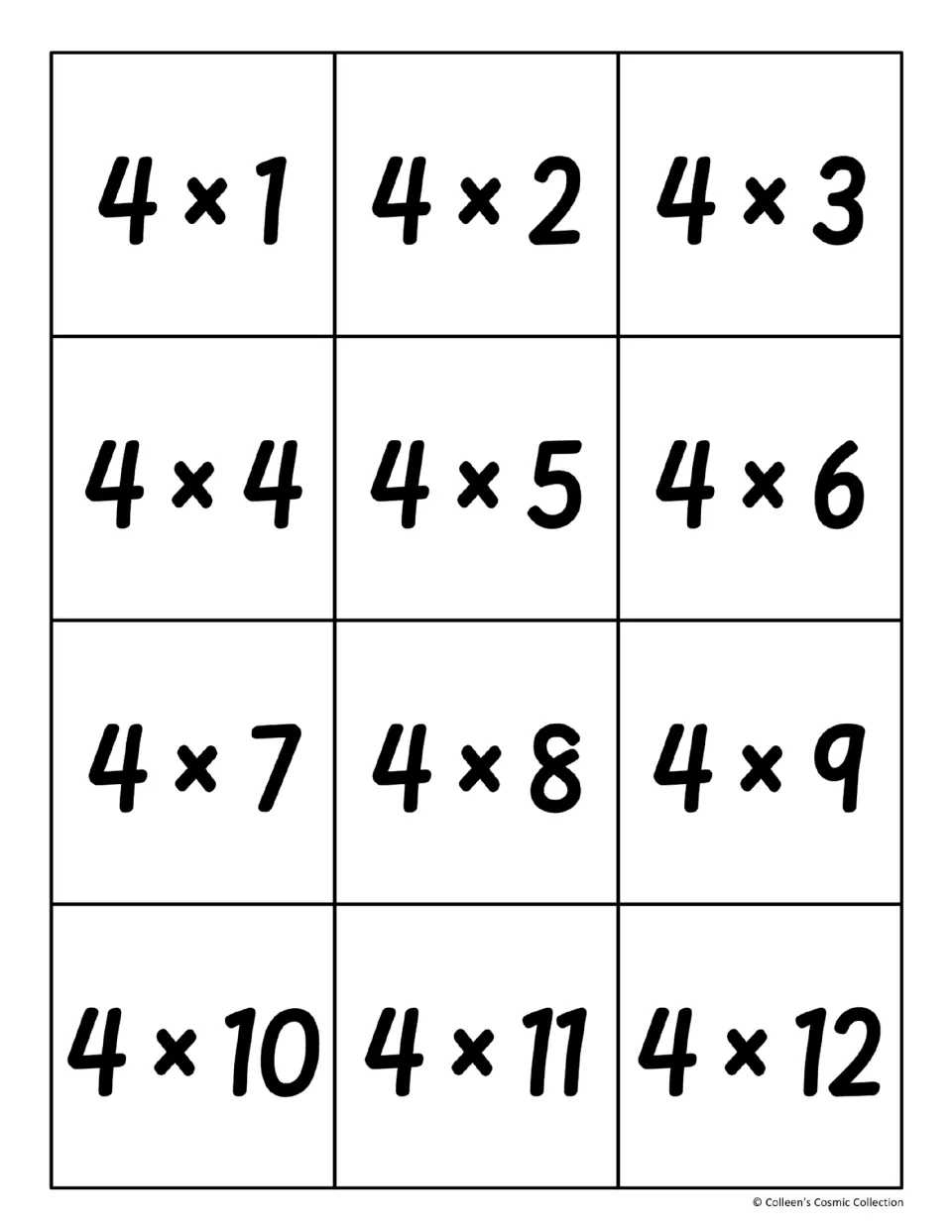 Multiplication fact cards for the 4 times table, 4 x 1 through 4 x 12, for students to cut out and pair with products