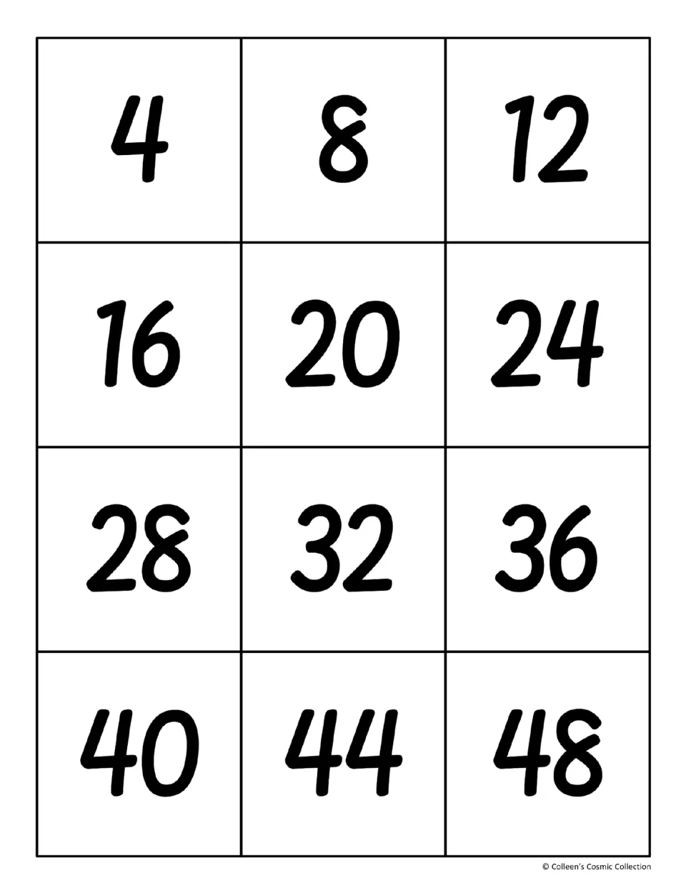 Product cards for the 4s facts showing 4, 8, 12 and so on up to 48, cut out to match each multiplication fact card