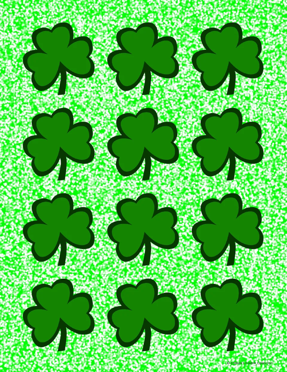 Full-colour card backs: twelve dark green shamrocks on a sparkly green background, printed behind the fact or answer cards