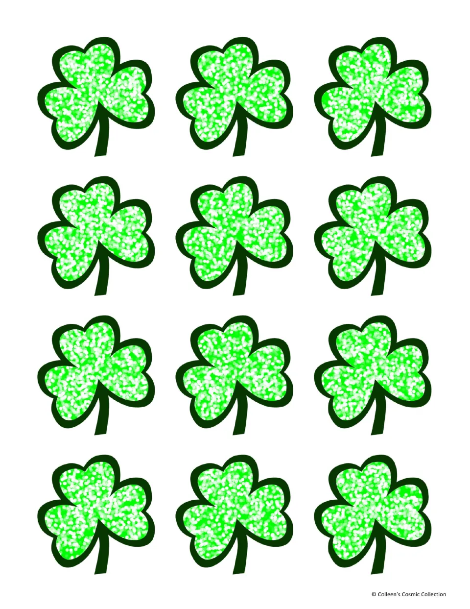 Colour card backs: twelve sparkly light green shamrocks with dark outlines on white, to print behind the game cards