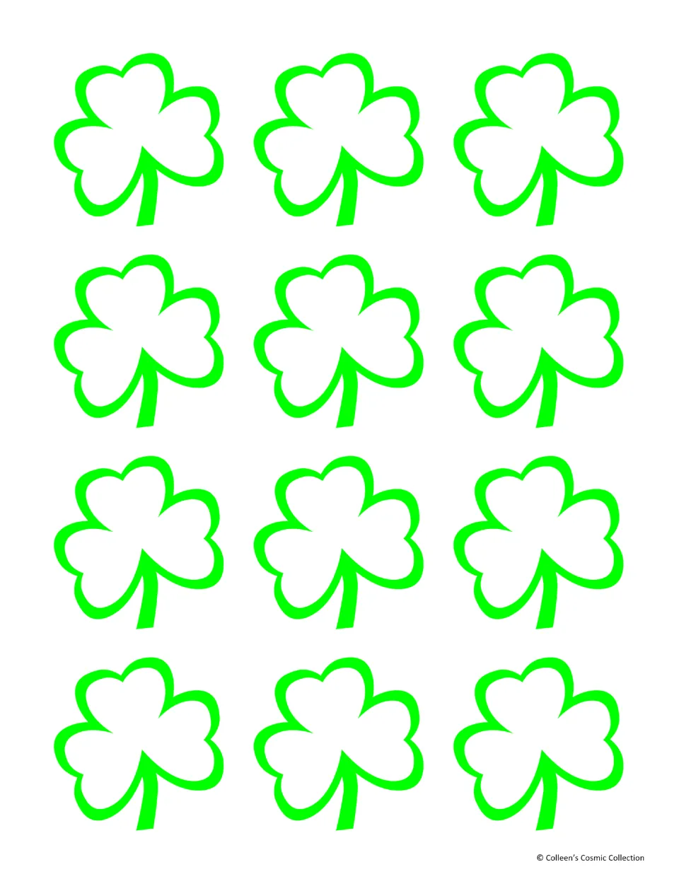 Minimal colour card backs: twelve bright green shamrock outlines on white, for the reverse side of the matching cards
