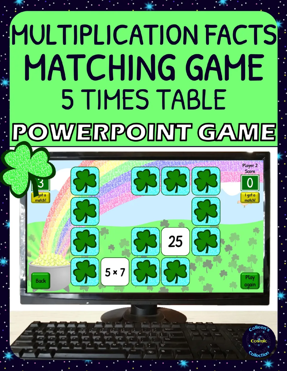 Cover of the 5 times table PowerPoint matching game, showing a game screen with cards labeled 25 and 5 × 7
