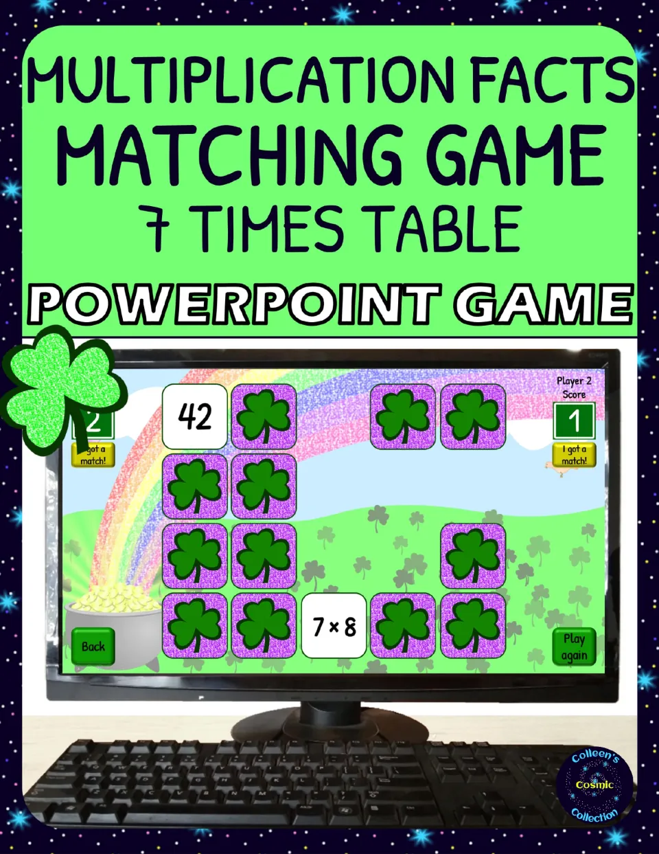 7 times table matching game cover: a PowerPoint game where players flip shamrock cards to pair each 7s fact with its product