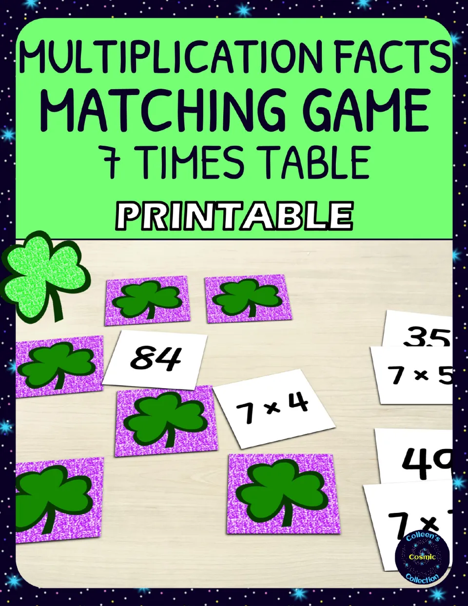 Cover: Multiplication Facts Matching Game, 7 Times Table, printable, with shamrock cards and fact cards like 7 x 4 and 84