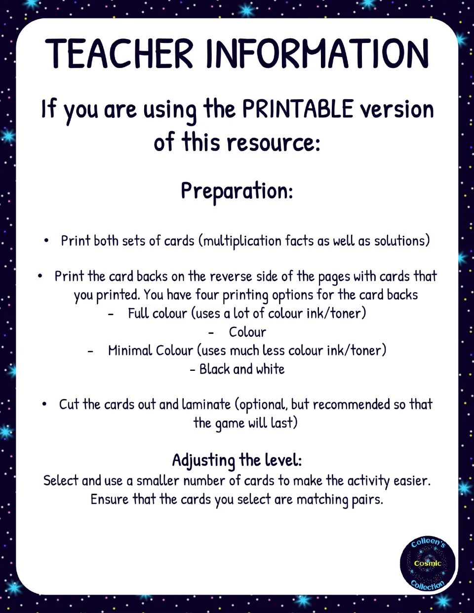 Teacher preparation notes: print the fact and solution cards, pick one of four card-back options, cut out and laminate