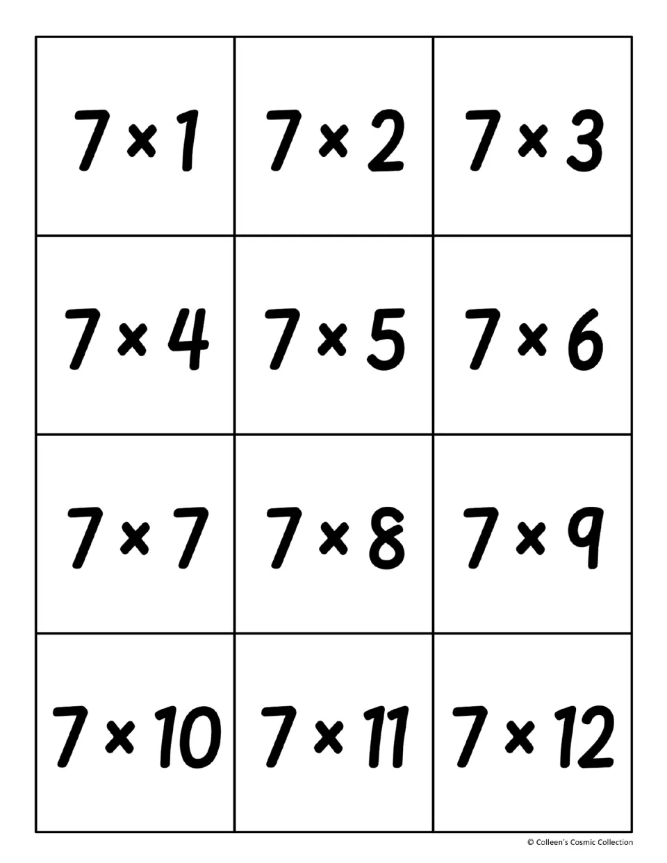 Multiplication fact cards for the 7 times table, 7 x 1 through 7 x 12, for students to cut out and match to their products
