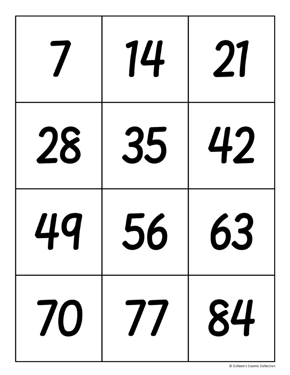 Product cards for the 7 times table showing 7, 14, 21, 28, 35, 42, 49, 56, 63, 70, 77 and 84 to match with the fact cards