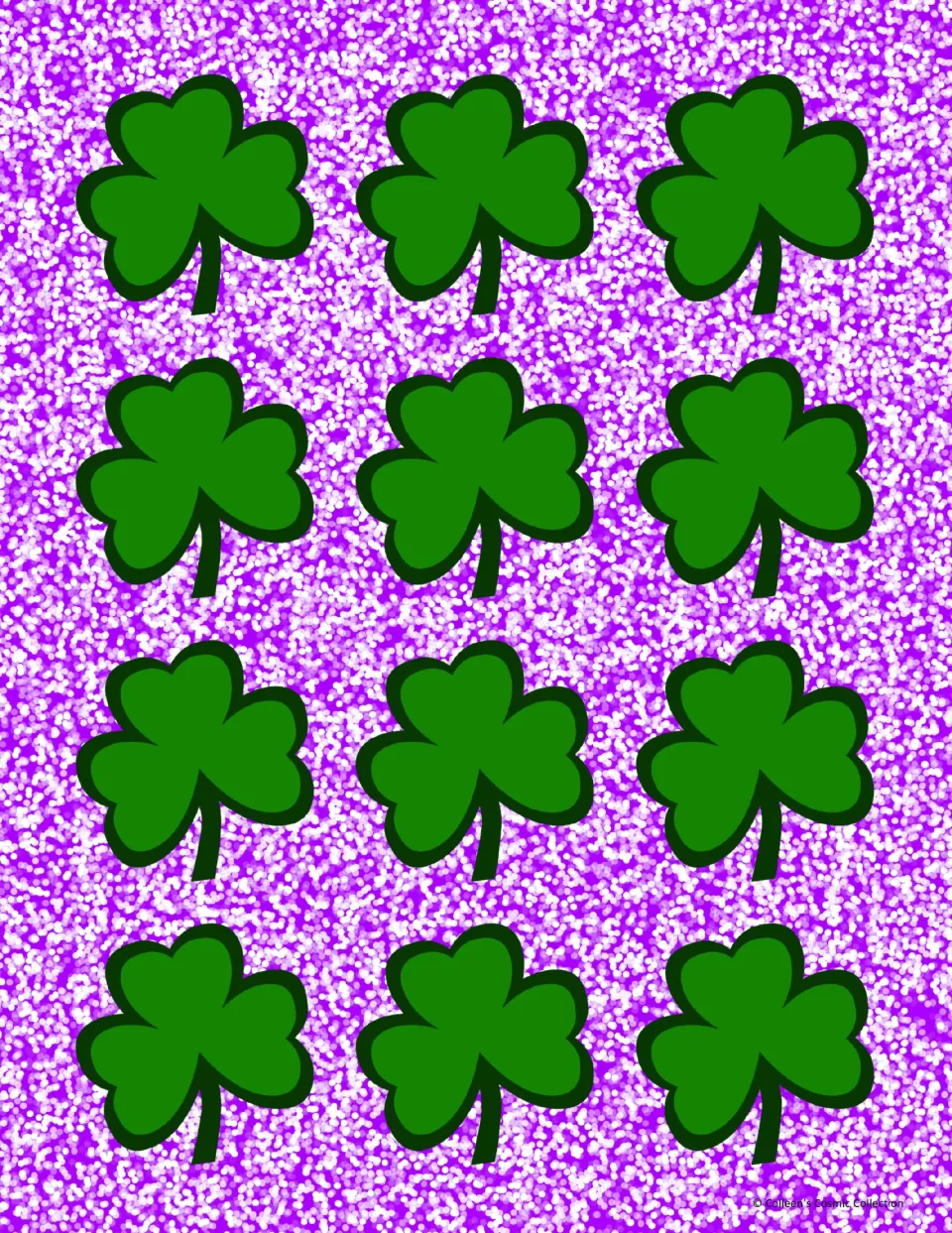 Full-colour card backs: twelve green shamrocks on purple glitter, printed on the reverse of the 7 times table cards